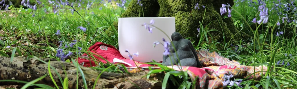 A crystal singing bowl and a small goddess figure on patterned cloth, among bluebells at the foot of a mossy tree